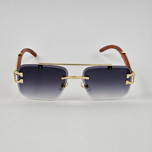 Premium Rimless Black Sunglasses | Gold Metal & Wooden Temple | Unisex