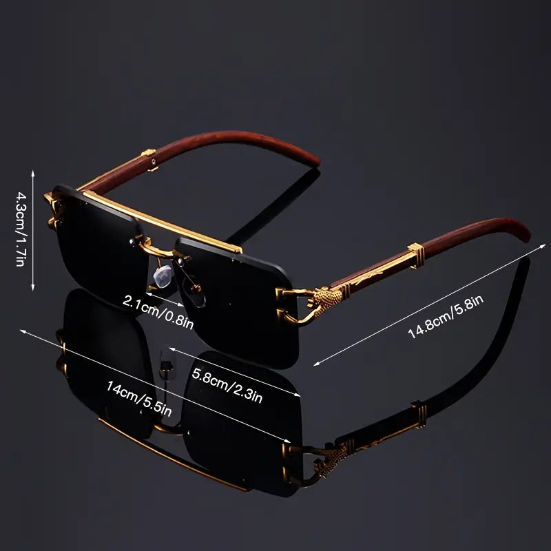 Premium Rimless Black Sunglasses | Gold Metal & Wooden Temple | Unisex