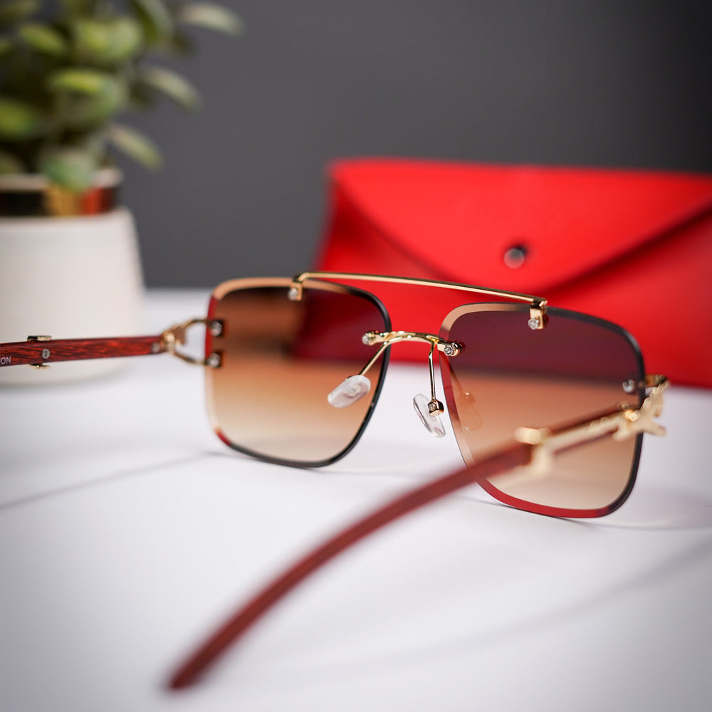 Premium Rimless Black Sunglasses | Gold Metal & Wooden Temple | Unisex
