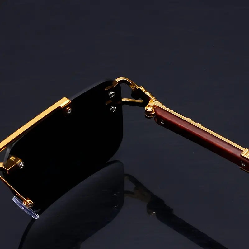 Premium Rimless Black Sunglasses | Gold Metal & Wooden Temple | Unisex