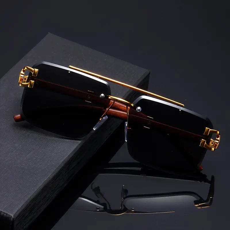 Premium Rimless Black Sunglasses | Gold Metal & Wooden Temple | Unisex