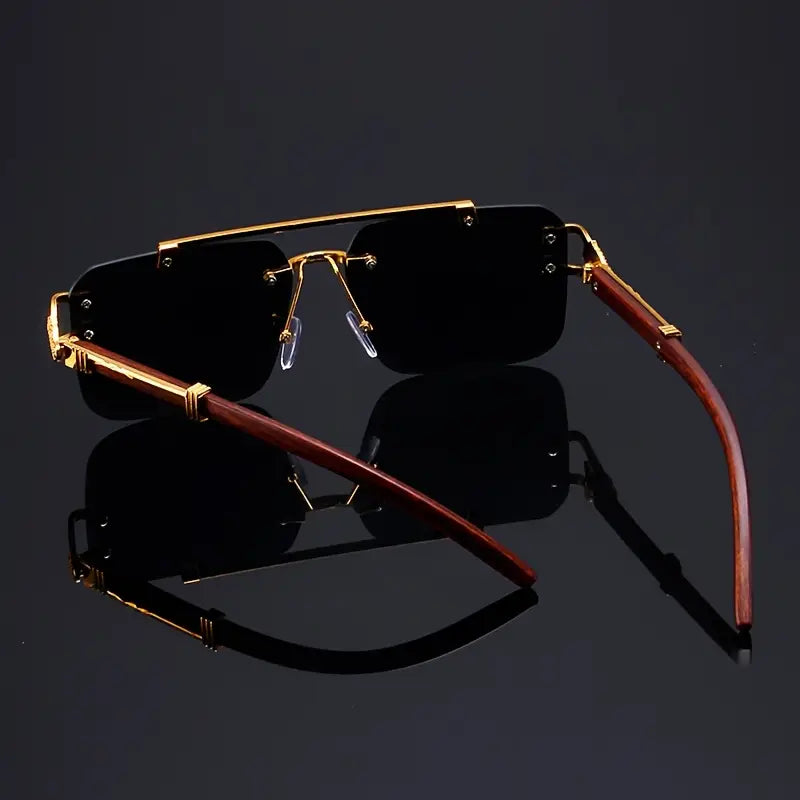 Premium Rimless Black Sunglasses | Gold Metal & Wooden Temple | Unisex
