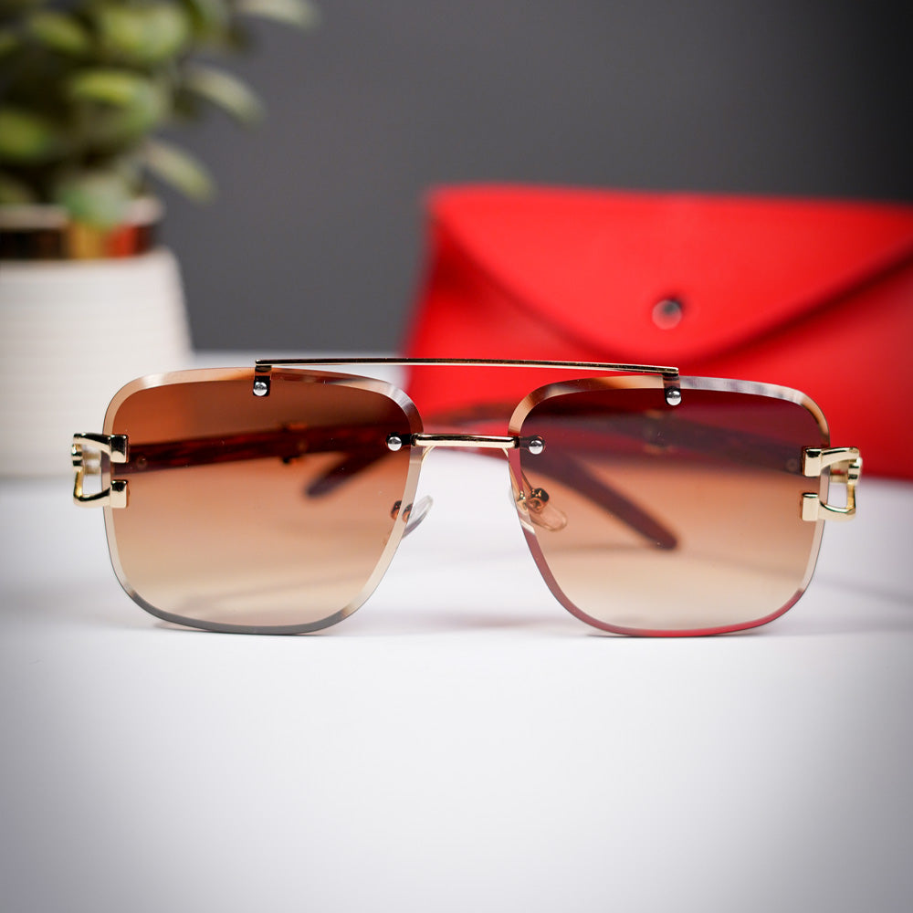 Premium Rimless Black Sunglasses | Gold Metal & Wooden Temple | Unisex