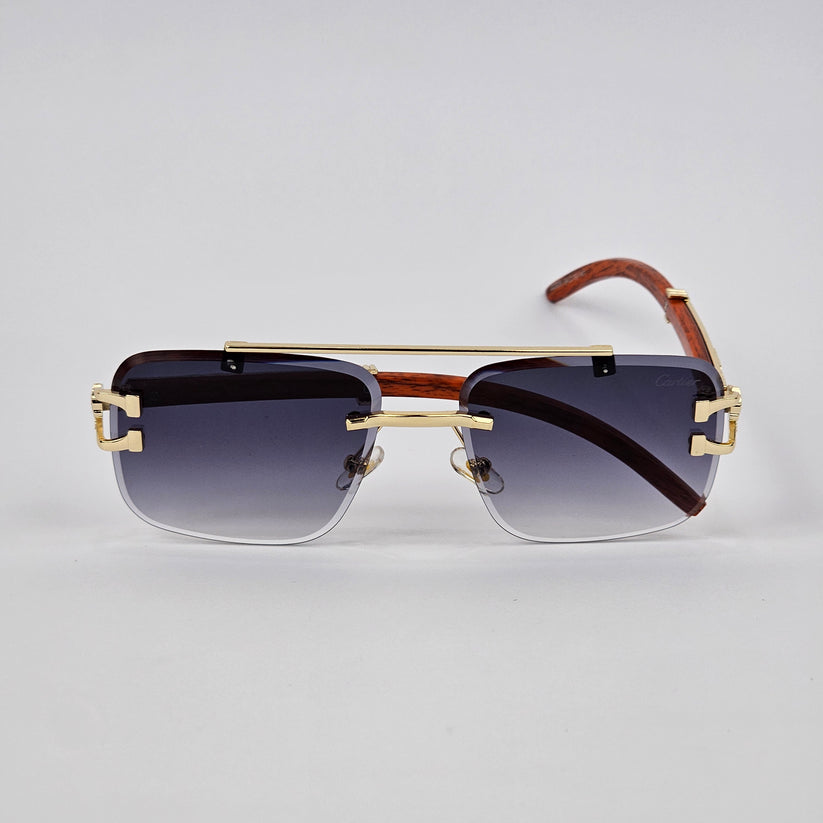 Premium Rimless Black Sunglasses | Gold Metal & Wooden Temple | Unisex