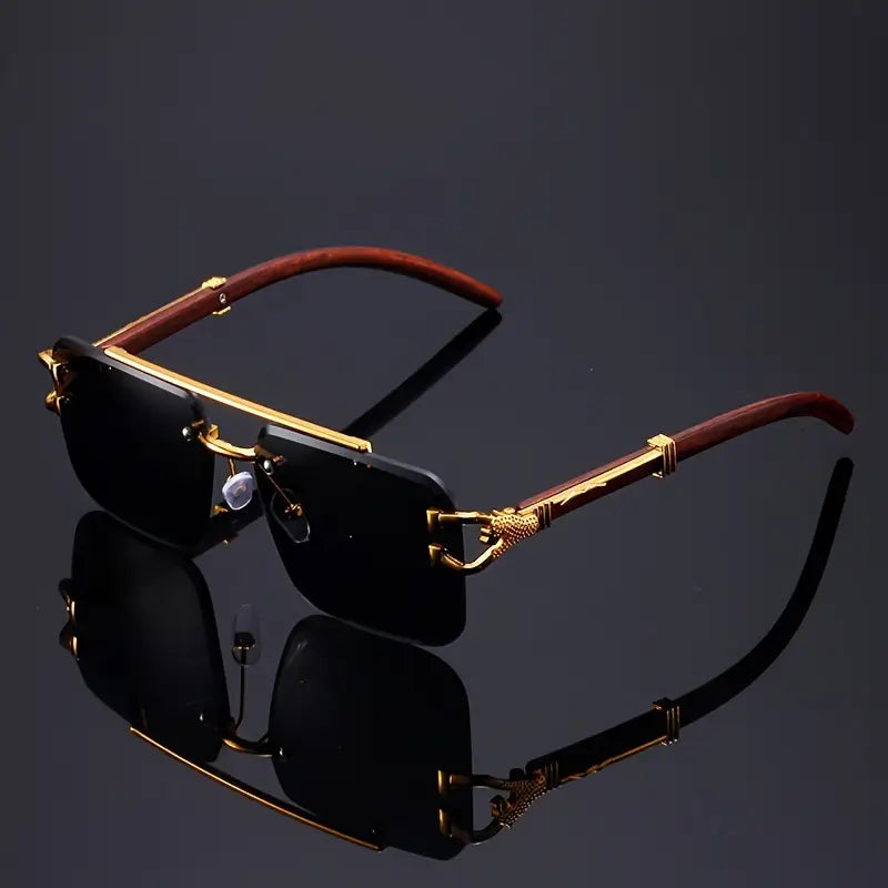 Premium Rimless Black Sunglasses | Gold Metal & Wooden Temple | Unisex